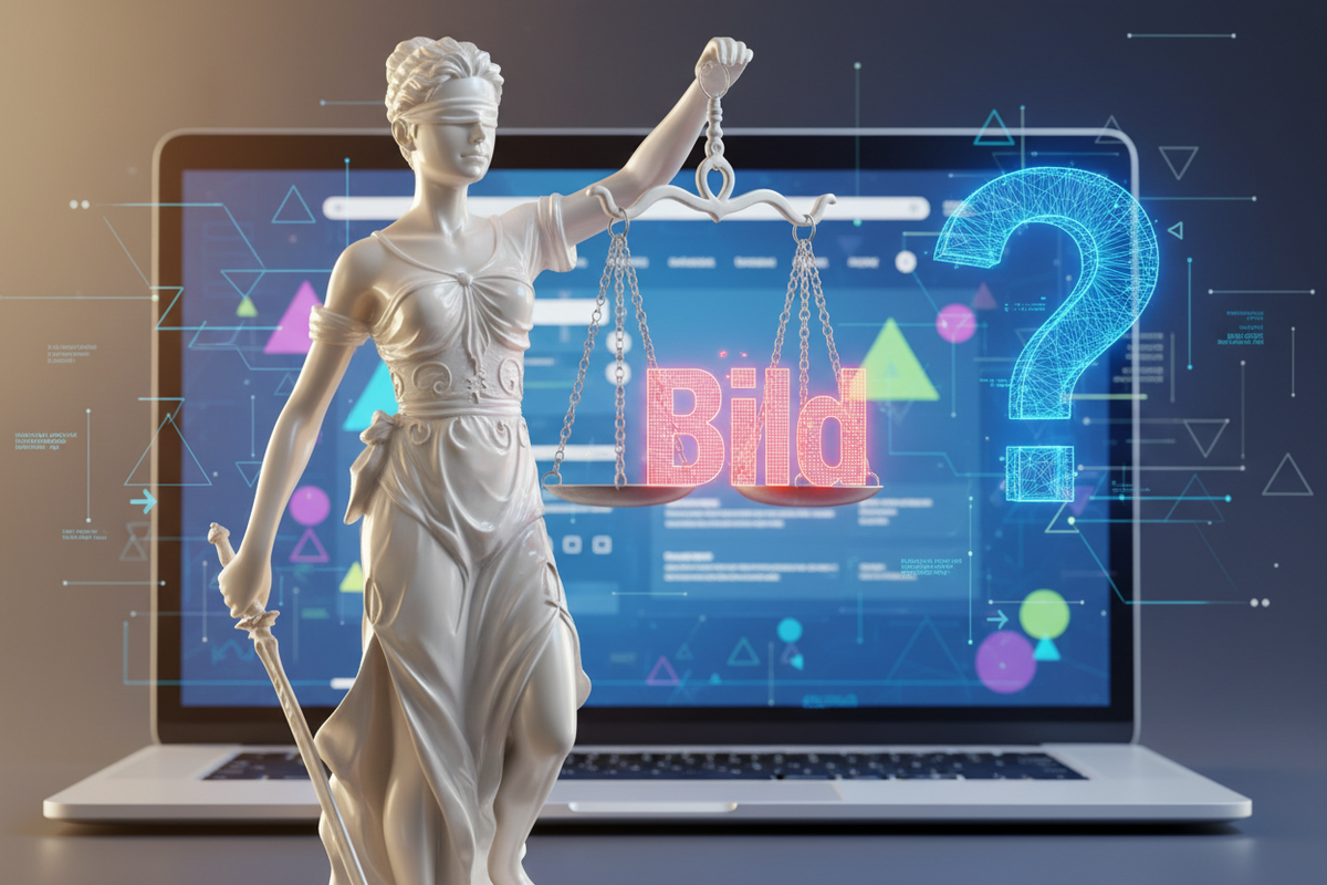 Figur der Justitia mit Waage vor einem Laptop, auf dem Bildschirm das Wort Bild und ein Fragezeichen zum Thema Bildrechte