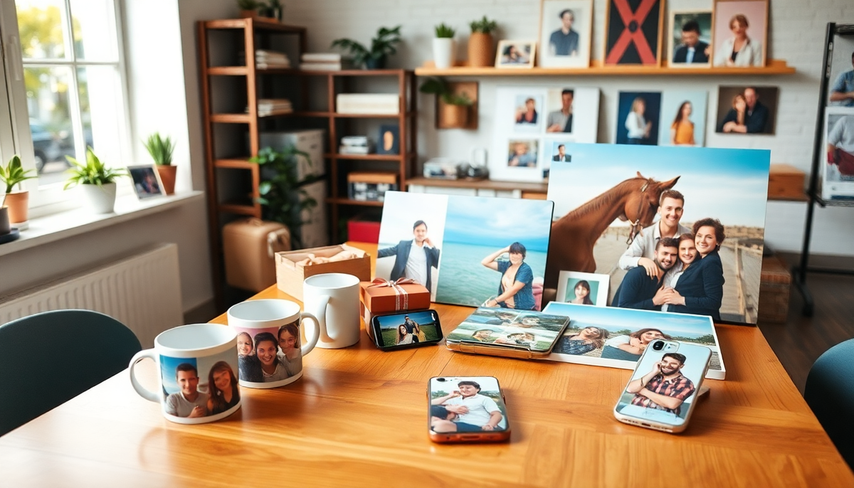 Fotogeschenke auf einem Holztisch: Tassen, Handyhüllen und Leinwände, bedruckt mit eigenen Fotos