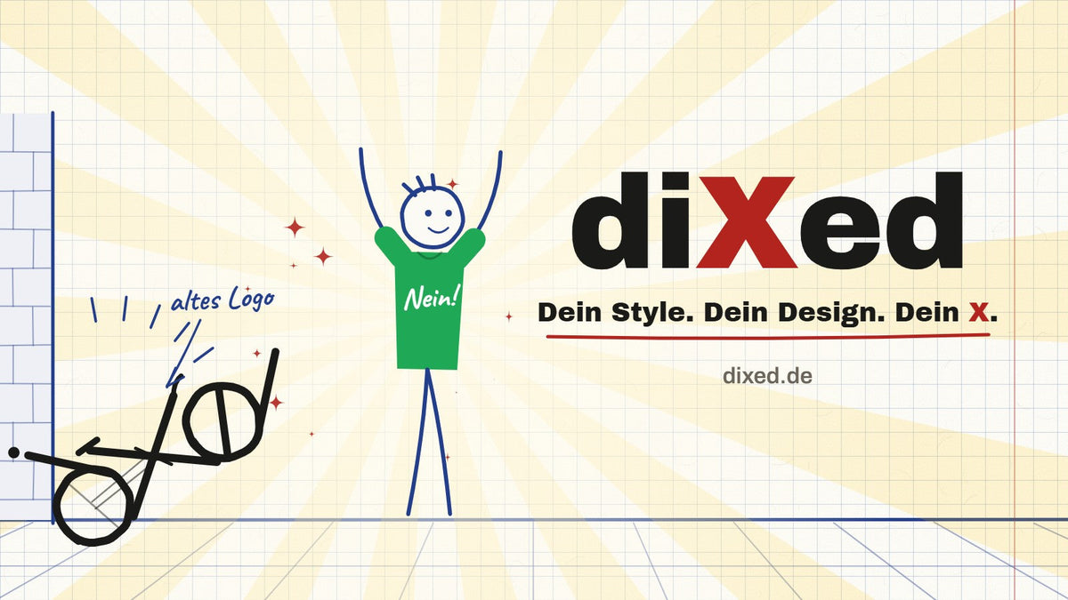 Kritzelfigur im grünen Nein Shirt jubelt zum diXed Relaunch, das alte Logo liegt als Fahrrad in der Ecke