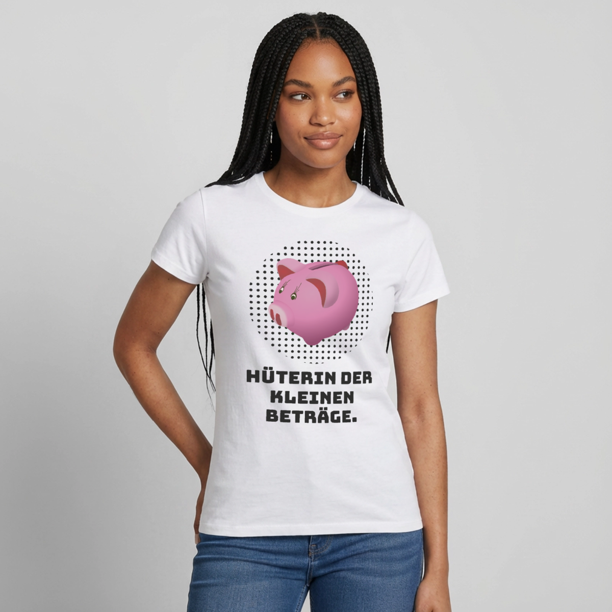 "Hüterin der kleinen Beträge." Motiv-T-Shirt für Frauen, Farbe Weiß