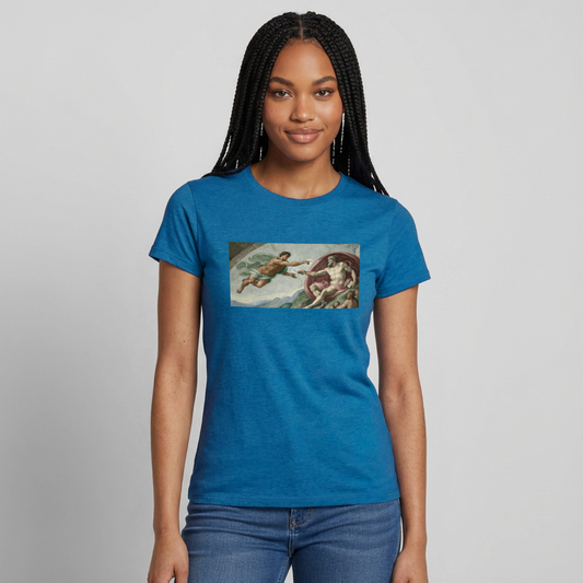 Die Schnittstelle. Renaissance-Motiv Motiv-T-Shirt für Frauen, Farbe Antikblaues Saphir meliert, Model