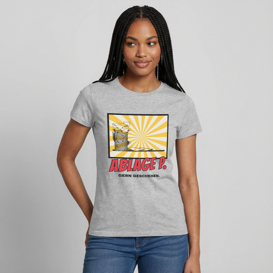 "Ablage P. Gern geschehen. Comic-Motiv" Motiv-T-Shirt für Frauen, Farbe Grau meliert