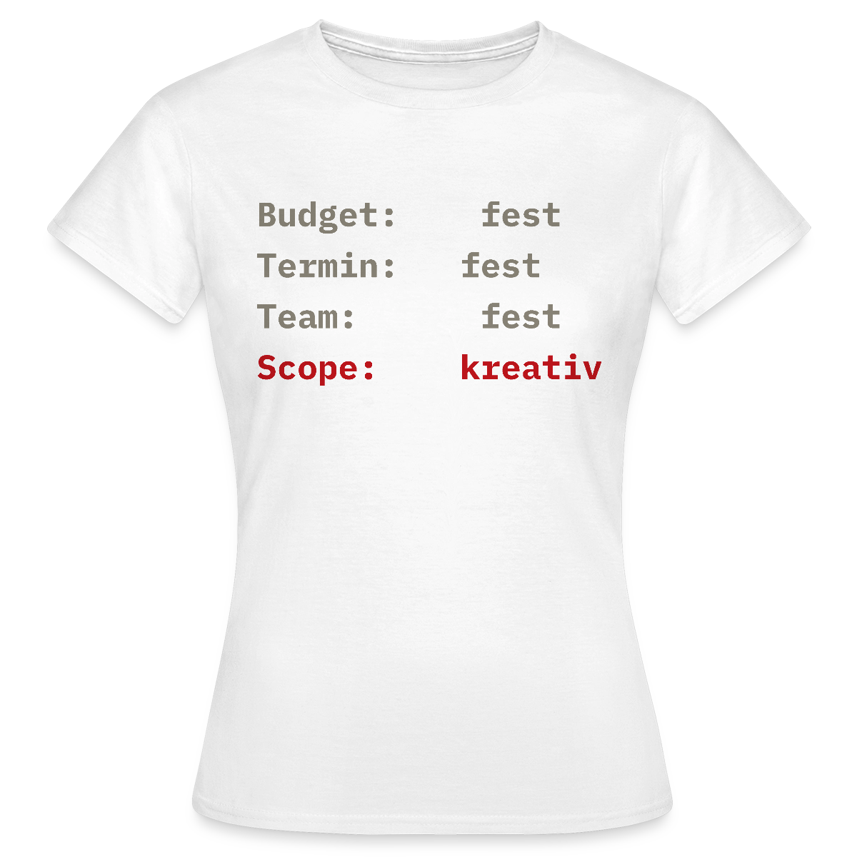 Budget: fest. Termin: fest. Team: fest. Scope: kreativ. Motiv-T-Shirt für Frauen, Farbe Weiß