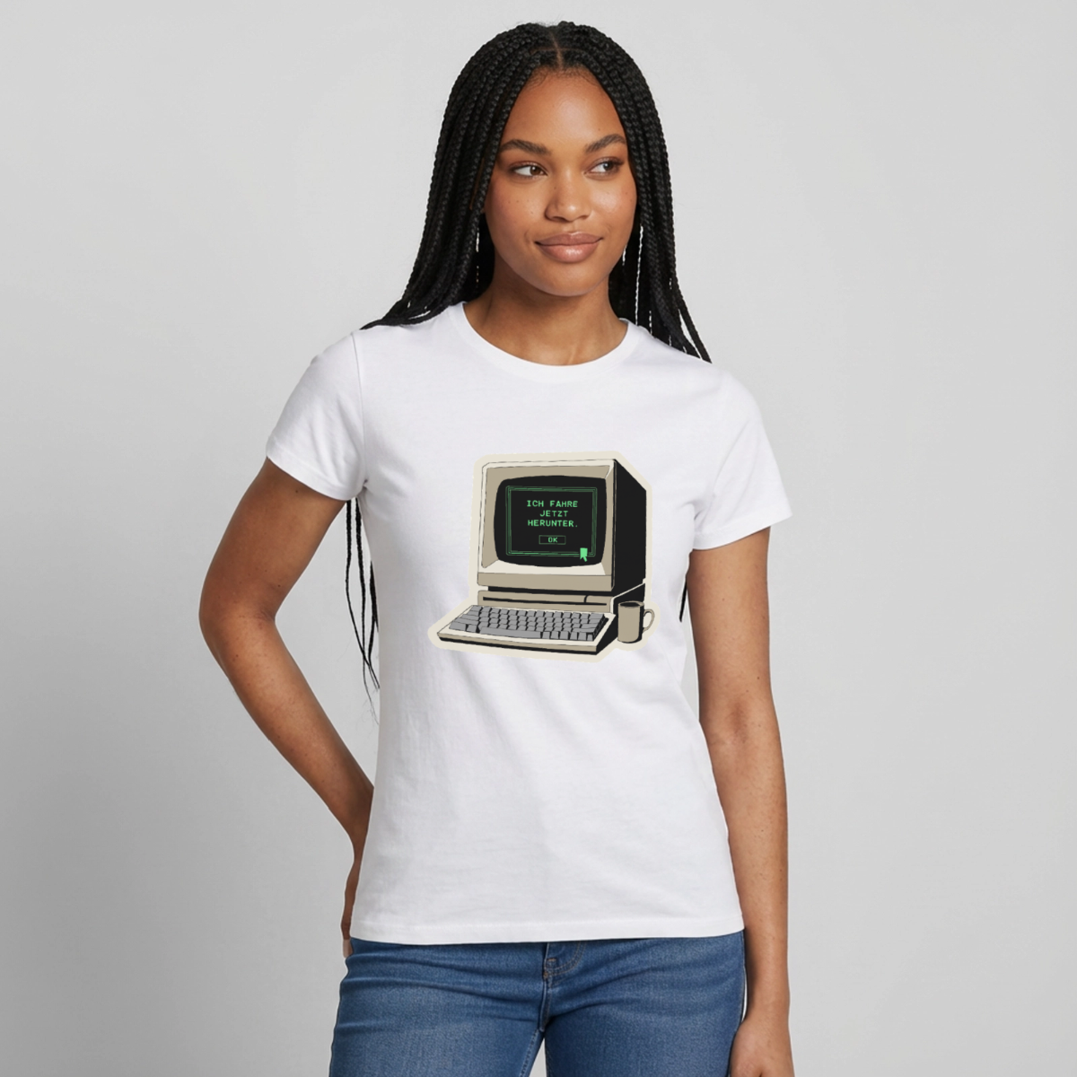 Ich fahre jetzt herunter. Motiv-T-Shirt für Frauen, Farbe Weiß, Model