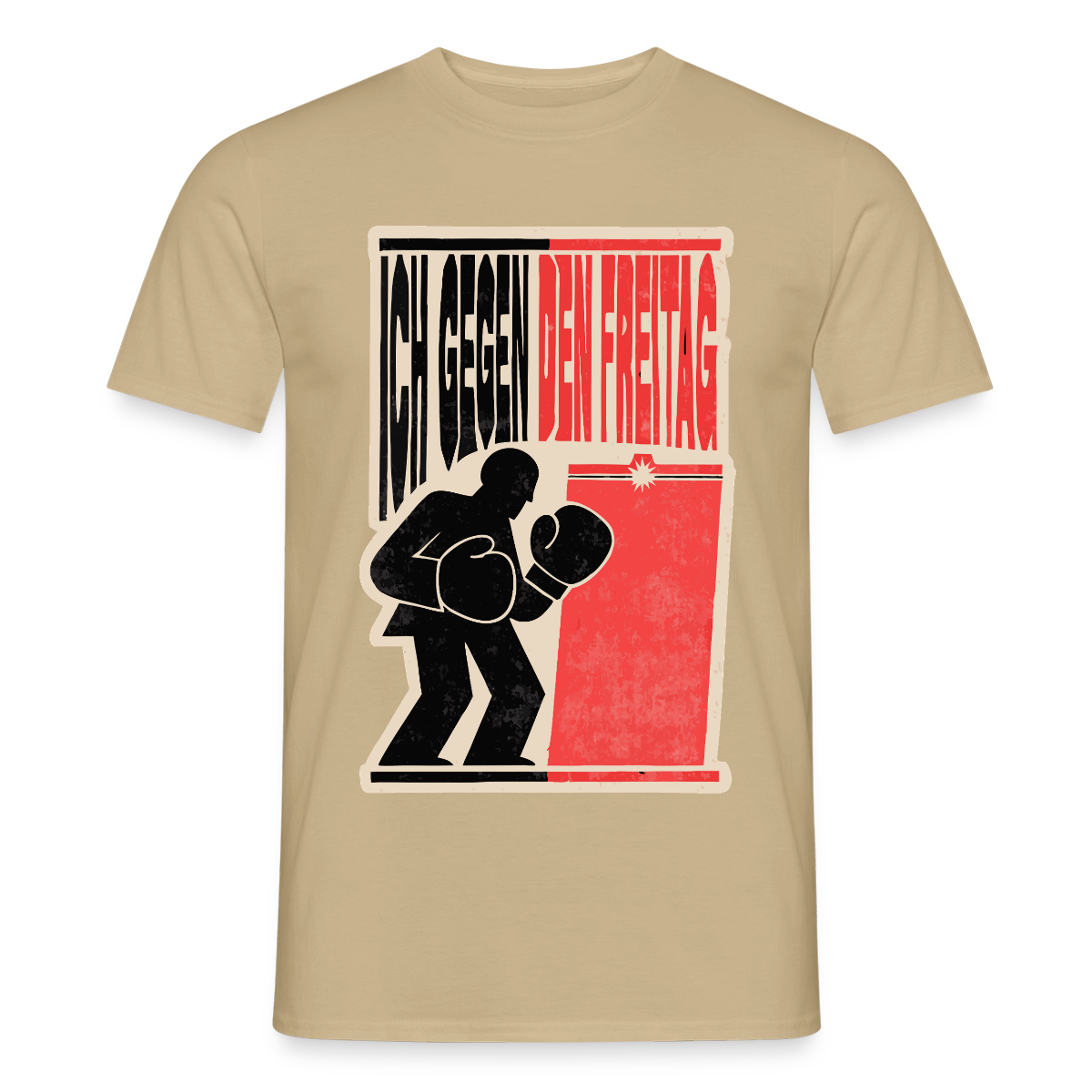 "Ich gegen den Freitag. Boxplakat-Motiv" Motiv-T-Shirt für Männer, Farbe Sandbeige
