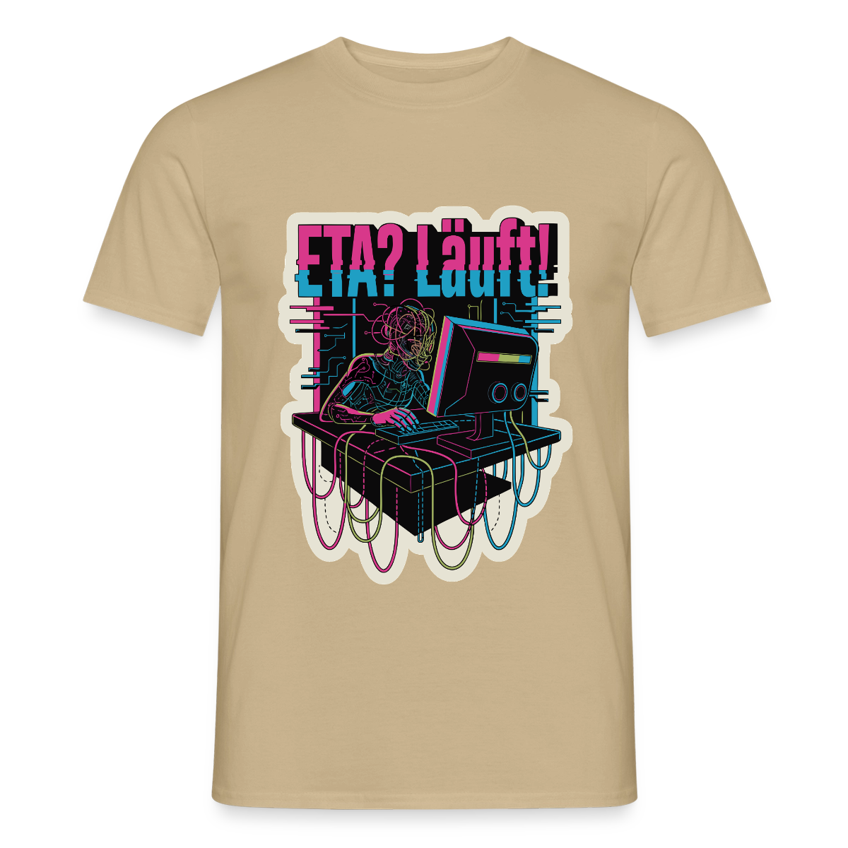"ETA? Läuft! Cyberpunk-Motiv" Motiv-T-Shirt für Männer, Farbe Sandbeige