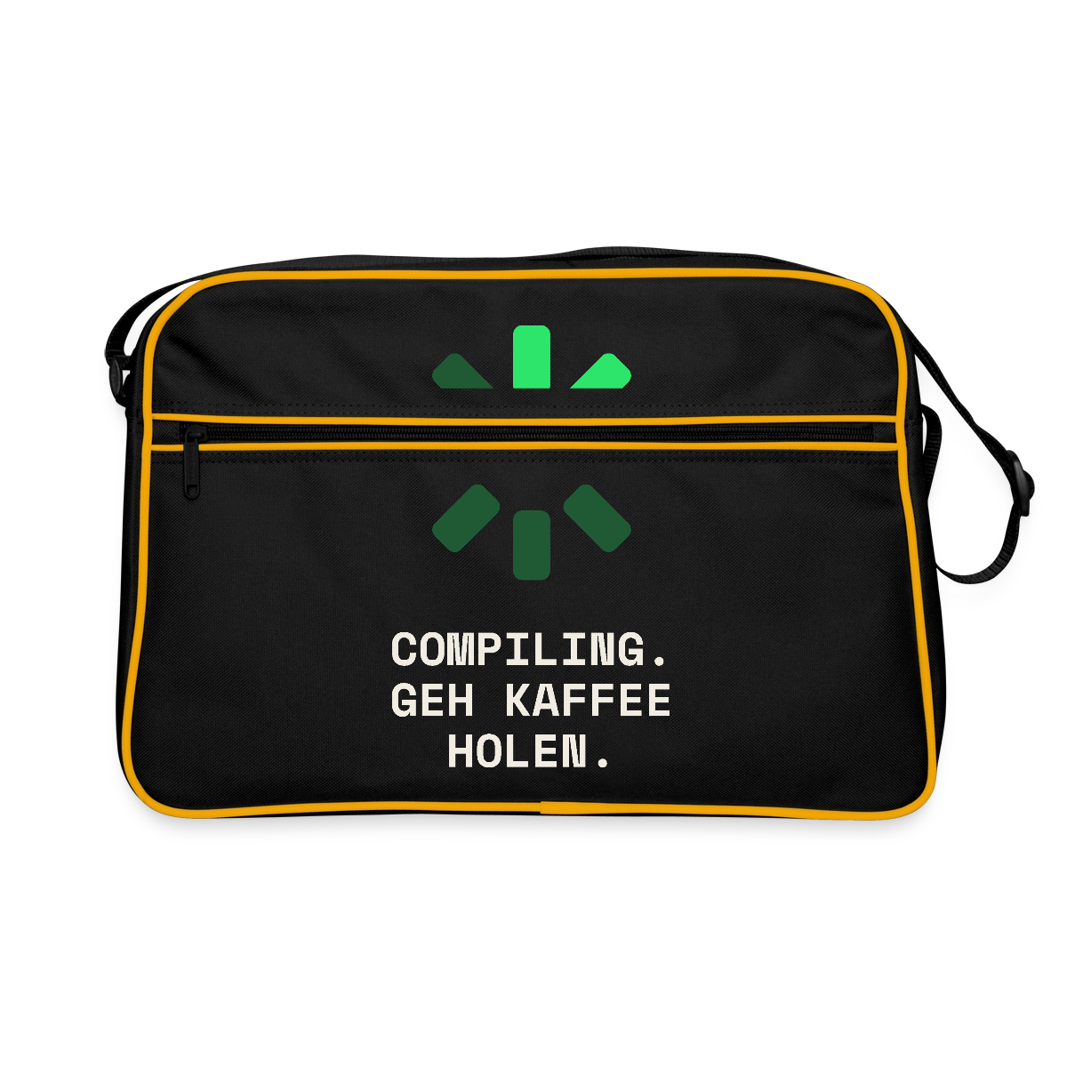 "Compiling. Geh Kaffee holen." Motiv-Retro-Tasche, Farbe Schwarz/Gold