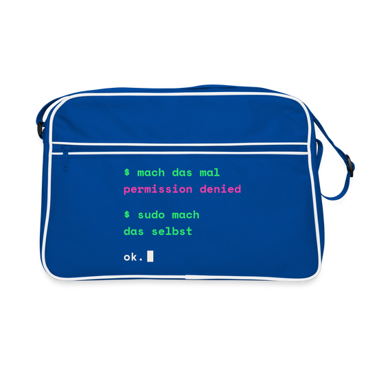 "Mach das mal. Permission denied. Sudo mach das selbst." Motiv-Retro-Tasche, Farbe Blau/Weiß