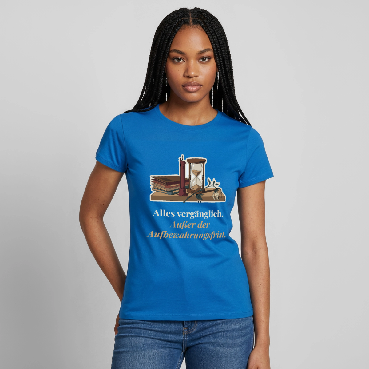 "Alles vergänglich. Außer der Aufbewahrungsfrist." Motiv-T-Shirt für Frauen, Farbe Royalblau