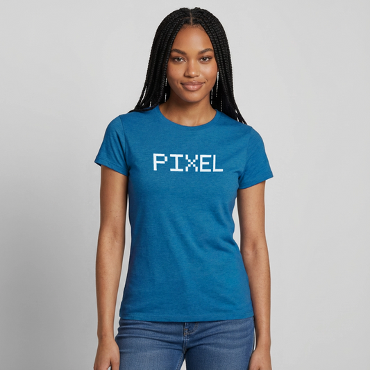 Pixel. Monochrom-Motiv Motiv-T-Shirt für Frauen, Farbe Antikblaues Saphir meliert, Model