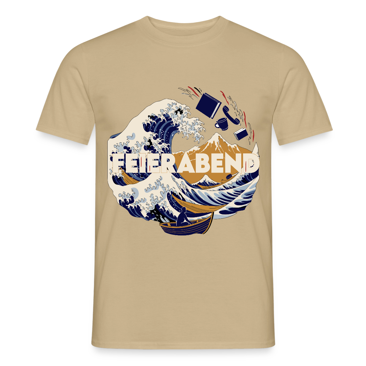 "Feierabend. Ukiyo-e-Motiv" Motiv-T-Shirt für Männer, Farbe Sandbeige