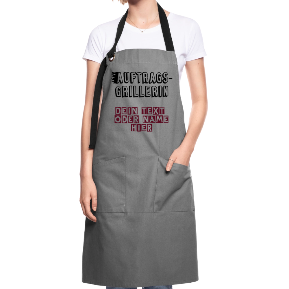 Kontrastschürze "Auftragsgrillerin" für Sie - personalisierbarer Name oder Text - Grau/Schwarz
