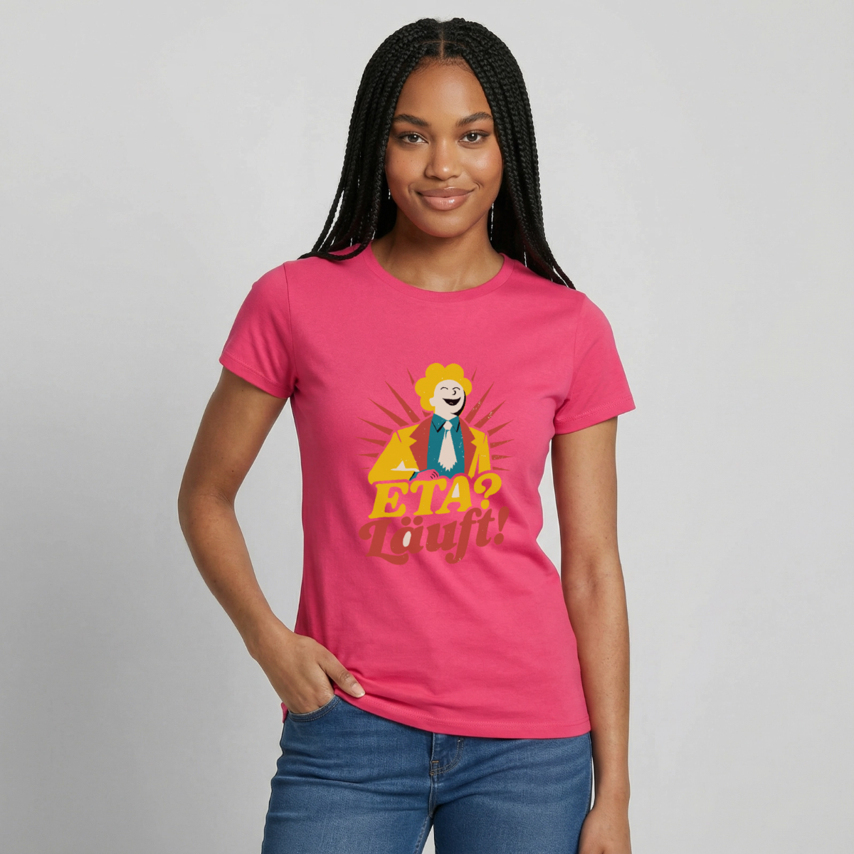 "ETA? Läuft! Midcentury-Motiv" Motiv-T-Shirt für Frauen, Farbe Azalea