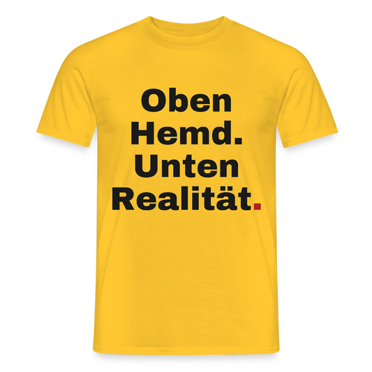 Oben Hemd, unten Realität Motiv-T-Shirt für Männer, Farbe Gelb