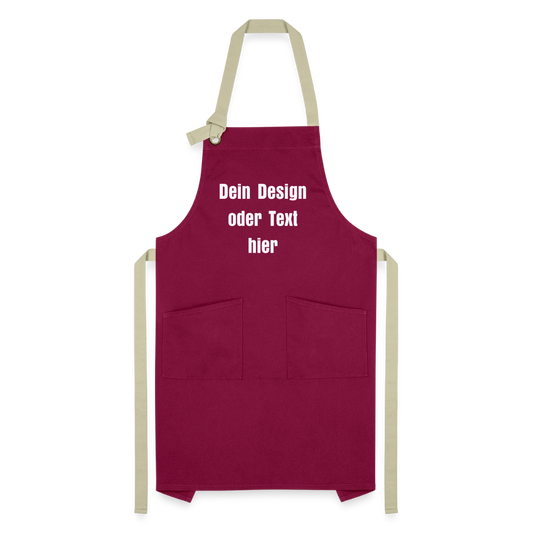 Kontrastschürze aus 100% Baumwolle, Metall - personalisierbar - Burgunderrot / Sandfarben