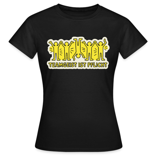 Teamgeist ist Pflicht. Pop-Art-Motiv Motiv-T-Shirt für Frauen, Farbe Schwarz