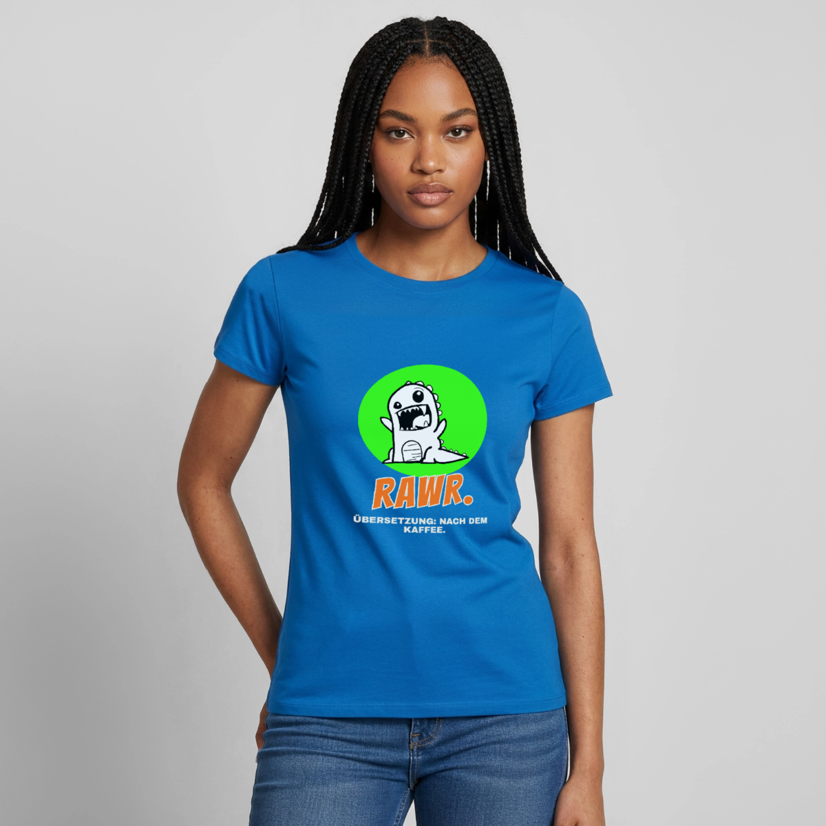 "Rawr. Übersetzung: nach dem Kaffee. Sticker-Motiv" Motiv-T-Shirt für Frauen, Farbe Royalblau