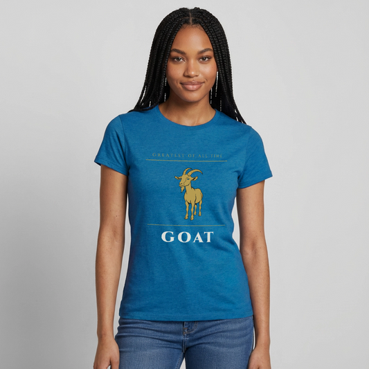 GOAT. Greatest of all time. Motiv-T-Shirt für Frauen, Farbe Antikblaues Saphir meliert, Model