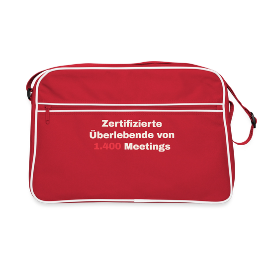 "Zertifizierte Überlebende von 1.400 Meetings" Motiv-Retro-Tasche, Farbe Rot/Weiß