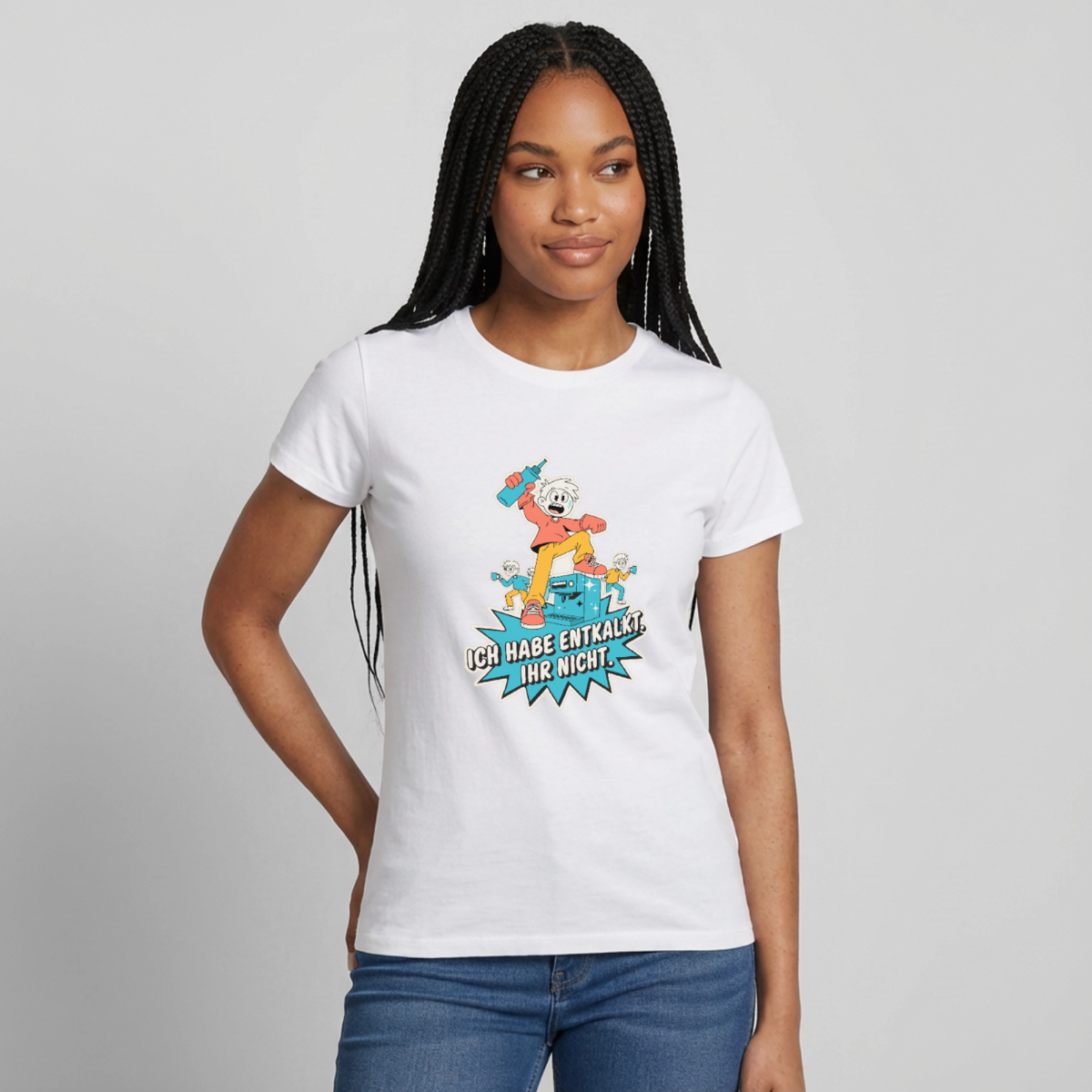 Ich habe entkalkt. Ihr nicht. Cartoon-Motiv Motiv-T-Shirt für Frauen, Farbe Weiß, Model