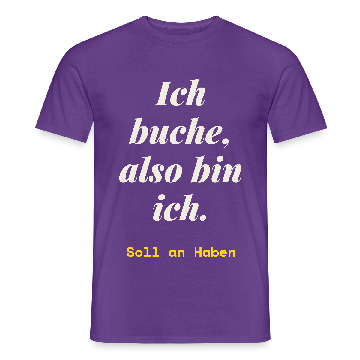 "Ich buche, also bin ich." Motiv-T-Shirt für Männer, Farbe Lila