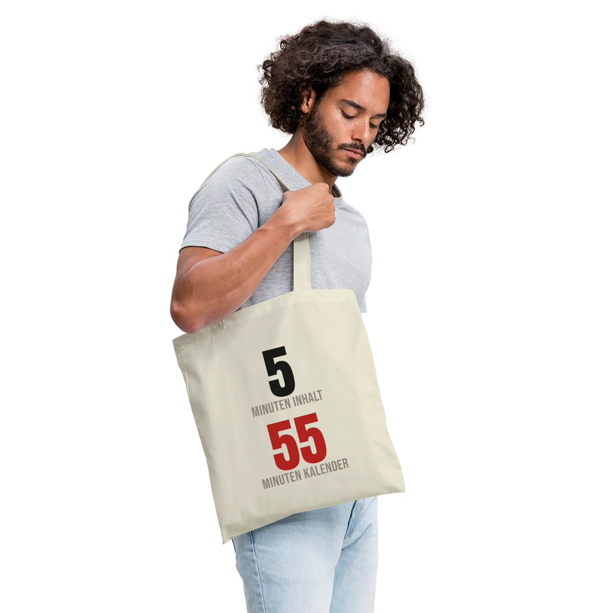 5 Minuten Inhalt, 55 Minuten Kalender Stoffbeutel, Farbe Natur, Model
