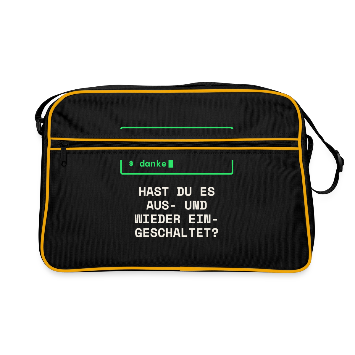 "Hast du es aus- und wieder eingeschaltet?" Motiv-Retro-Tasche, Farbe Schwarz/Gold