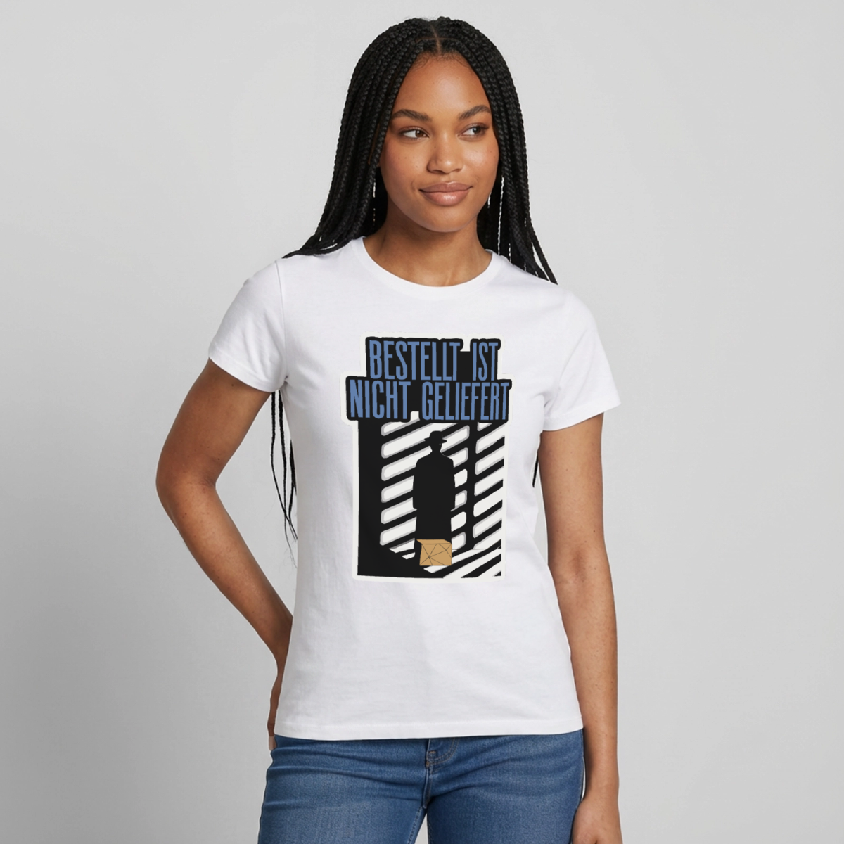 "Bestellt ist nicht geliefert. Film-noir-Motiv" Motiv-T-Shirt für Frauen, Farbe Weiß