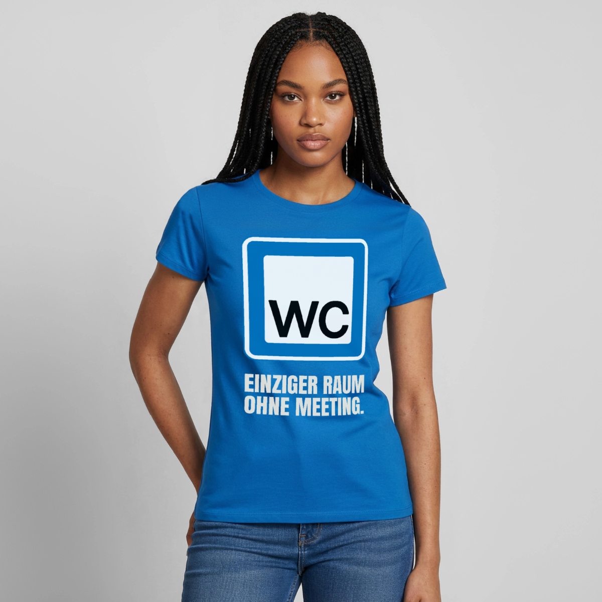 "WC: einziger Raum ohne Meeting." Motiv-T-Shirt für Frauen, Farbe Royalblau