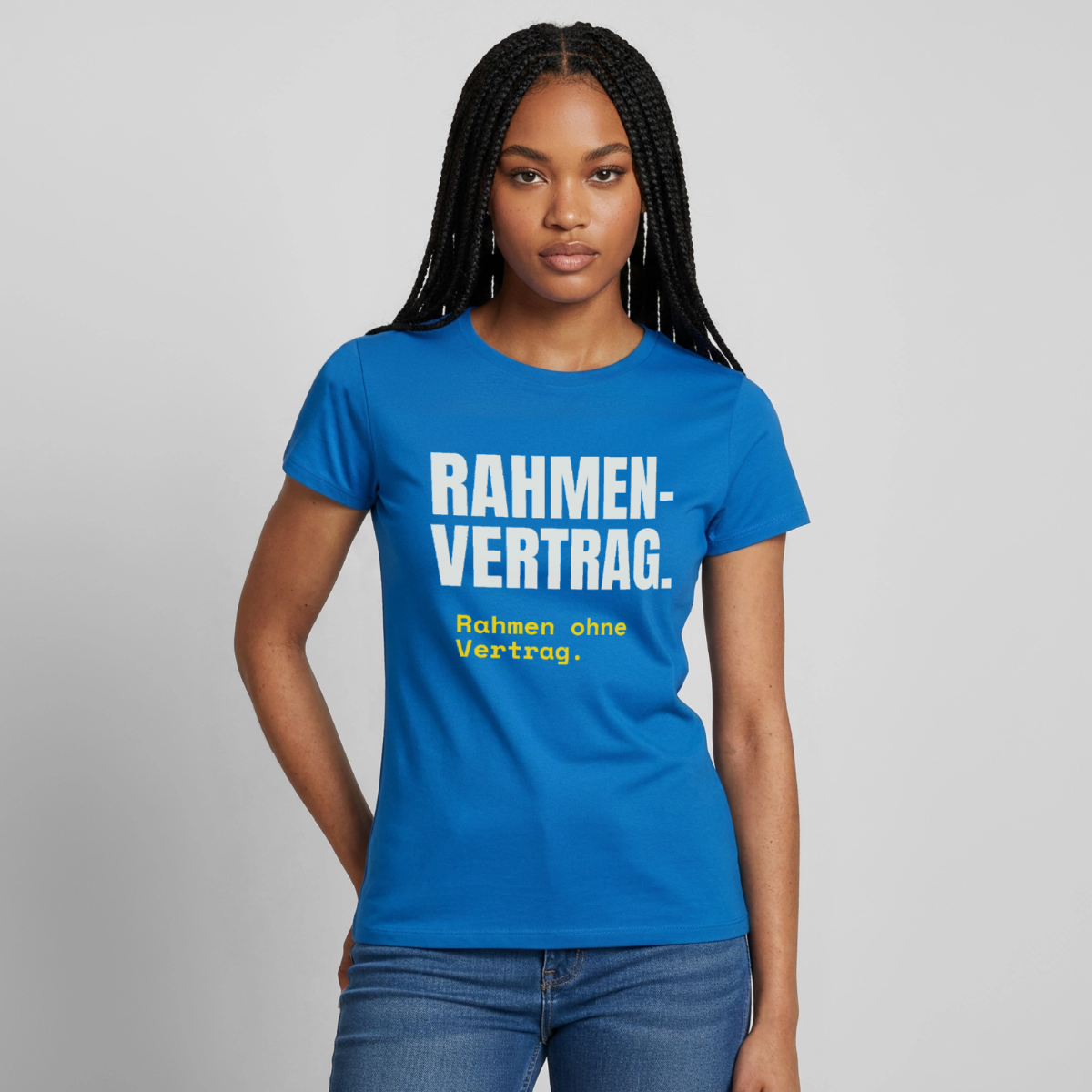 "Rahmenvertrag. Rahmen ohne Vertrag." Motiv-T-Shirt für Frauen, Farbe Royalblau