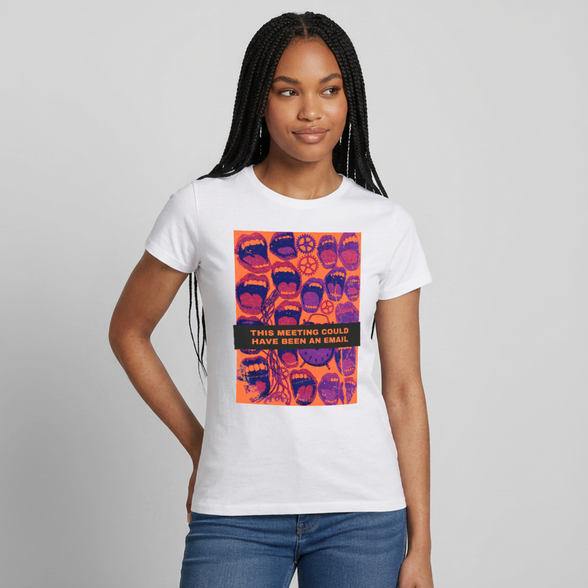 This meeting could have been an email. Raster-Motiv Motiv-T-Shirt für Frauen, Farbe Weiß, Model