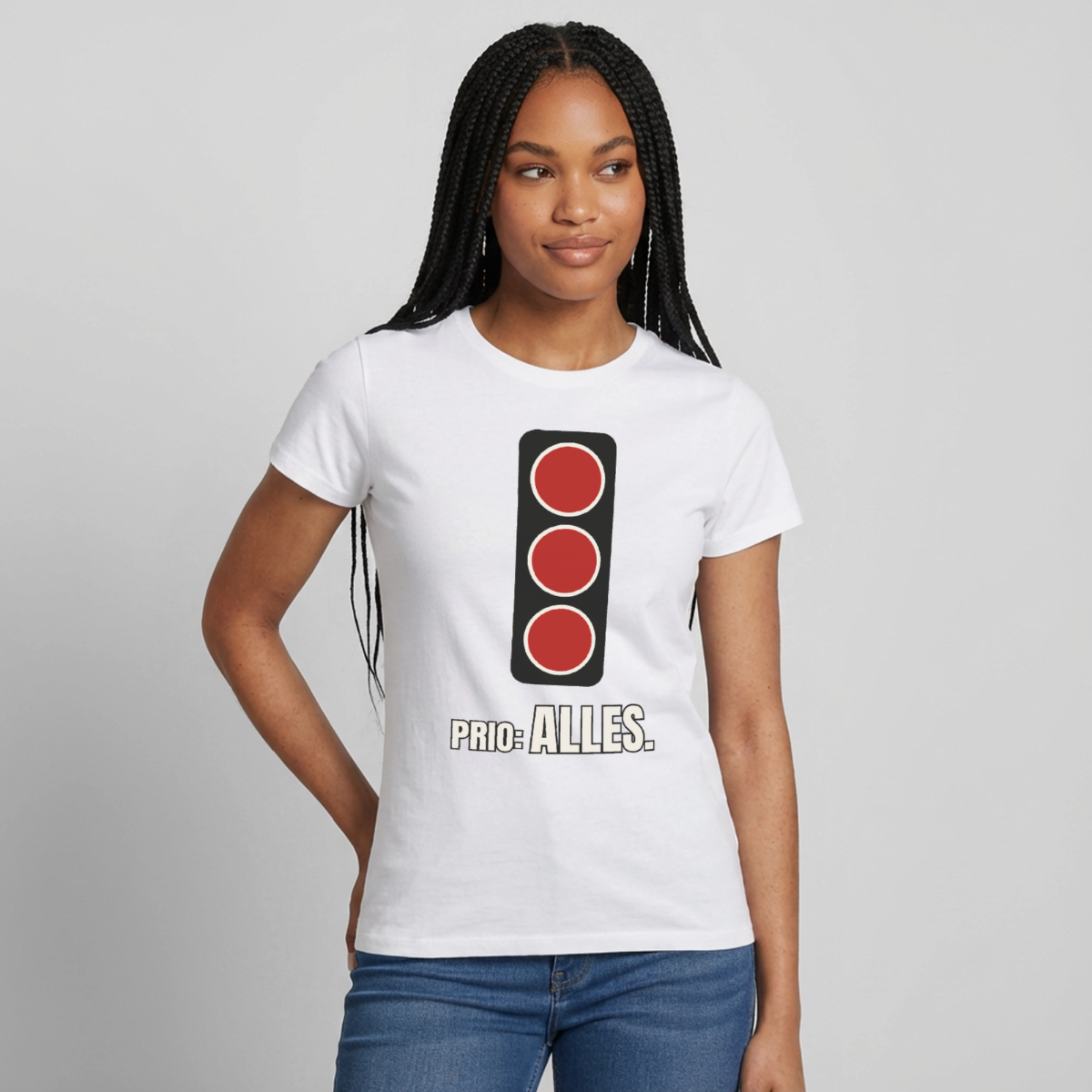 "Prio: alles." Motiv-T-Shirt für Frauen, Farbe Weiß
