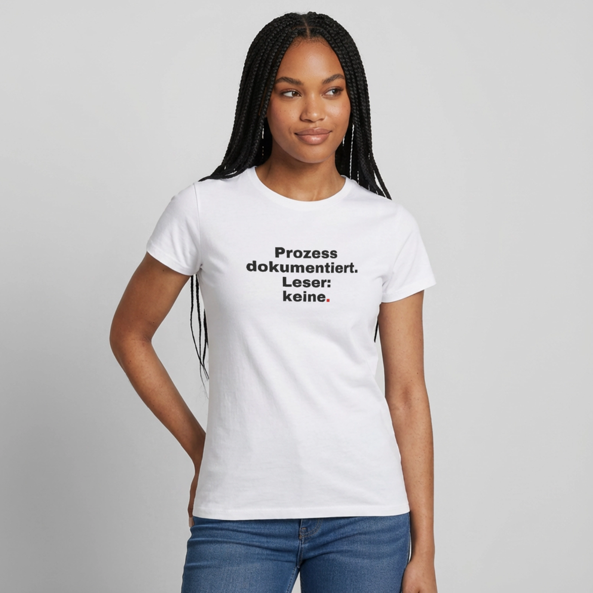 "Prozess dokumentiert. Leser: keine." Motiv-T-Shirt für Frauen, Farbe Weiß