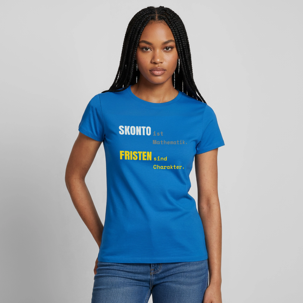 "Skonto ist Mathematik. Fristen sind Charakter." Motiv-T-Shirt für Frauen, Farbe Royalblau