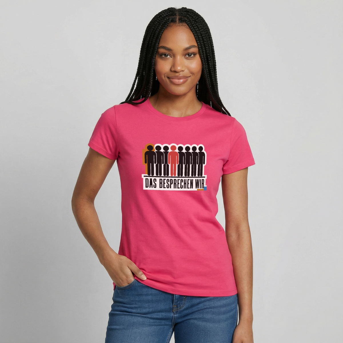 "Das besprechen wir. Isotype-Motiv" Motiv-T-Shirt für Frauen, Farbe Azalea