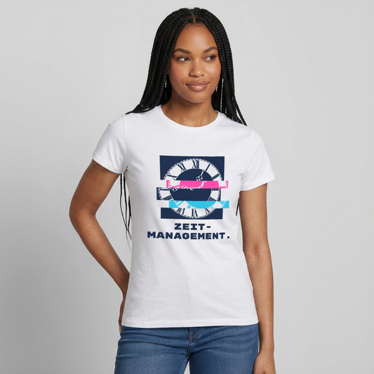 "Zeitmanagement. Glitch-Motiv" Motiv-T-Shirt für Frauen, Farbe Weiß