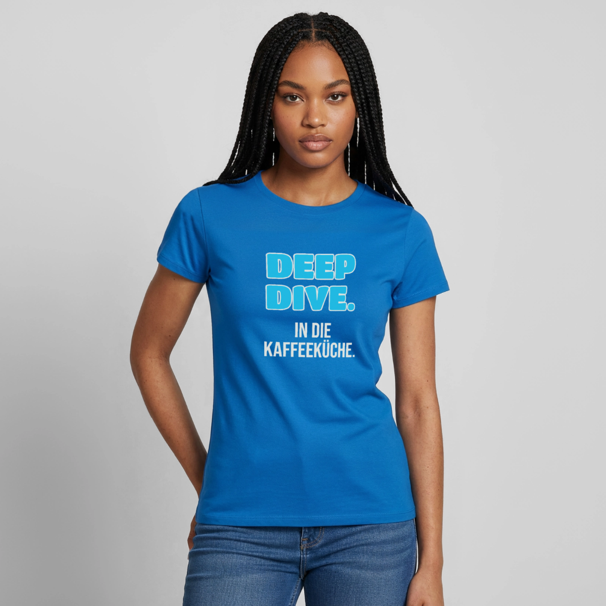 "Deep Dive. In die Kaffeeküche." Motiv-T-Shirt für Frauen, Farbe Royalblau