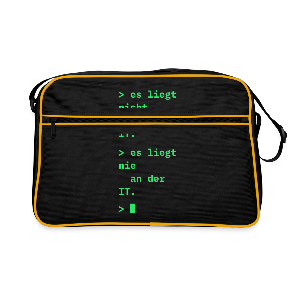 "Es liegt nicht an der IT. Es liegt nie an der IT." Motiv-Retro-Tasche, Farbe Schwarz/Gold