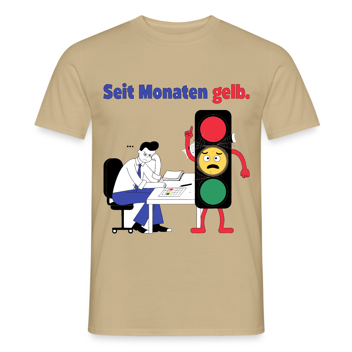 "Seit Monaten gelb. Ampel-Motiv" Motiv-T-Shirt für Männer, Farbe Sandbeige
