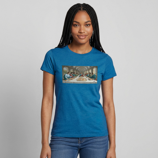 Das Teamevent. Renaissance-Motiv Motiv-T-Shirt für Frauen, Farbe Antikblaues Saphir meliert, Model