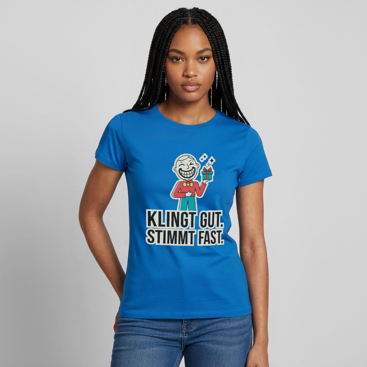 Klingt gut. Stimmt fast. Motiv-T-Shirt für Frauen, Farbe Royalblau, Model