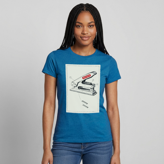 Meiner. Der Tacker kommt mit. Motiv-T-Shirt für Frauen, Farbe Antikblaues Saphir meliert, Model
