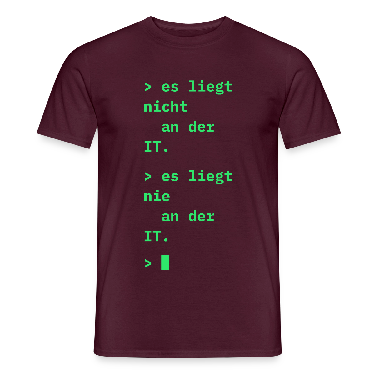 Es liegt nicht an der IT. Es liegt nie an der IT. Motiv-T-Shirt für Männer, Farbe Ziegelrot