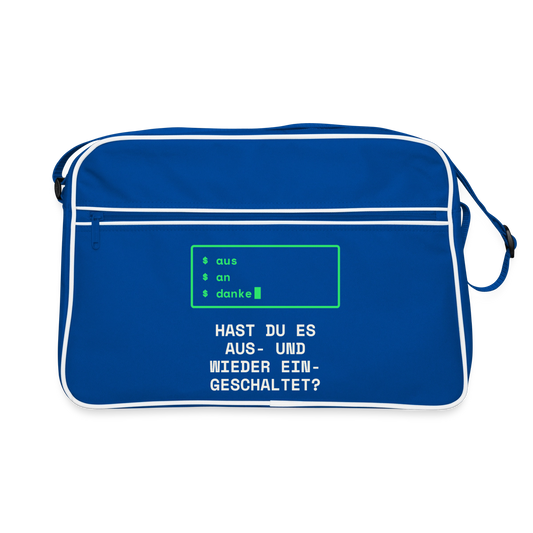 "Hast du es aus- und wieder eingeschaltet?" Motiv-Retro-Tasche, Farbe Blau/Weiß