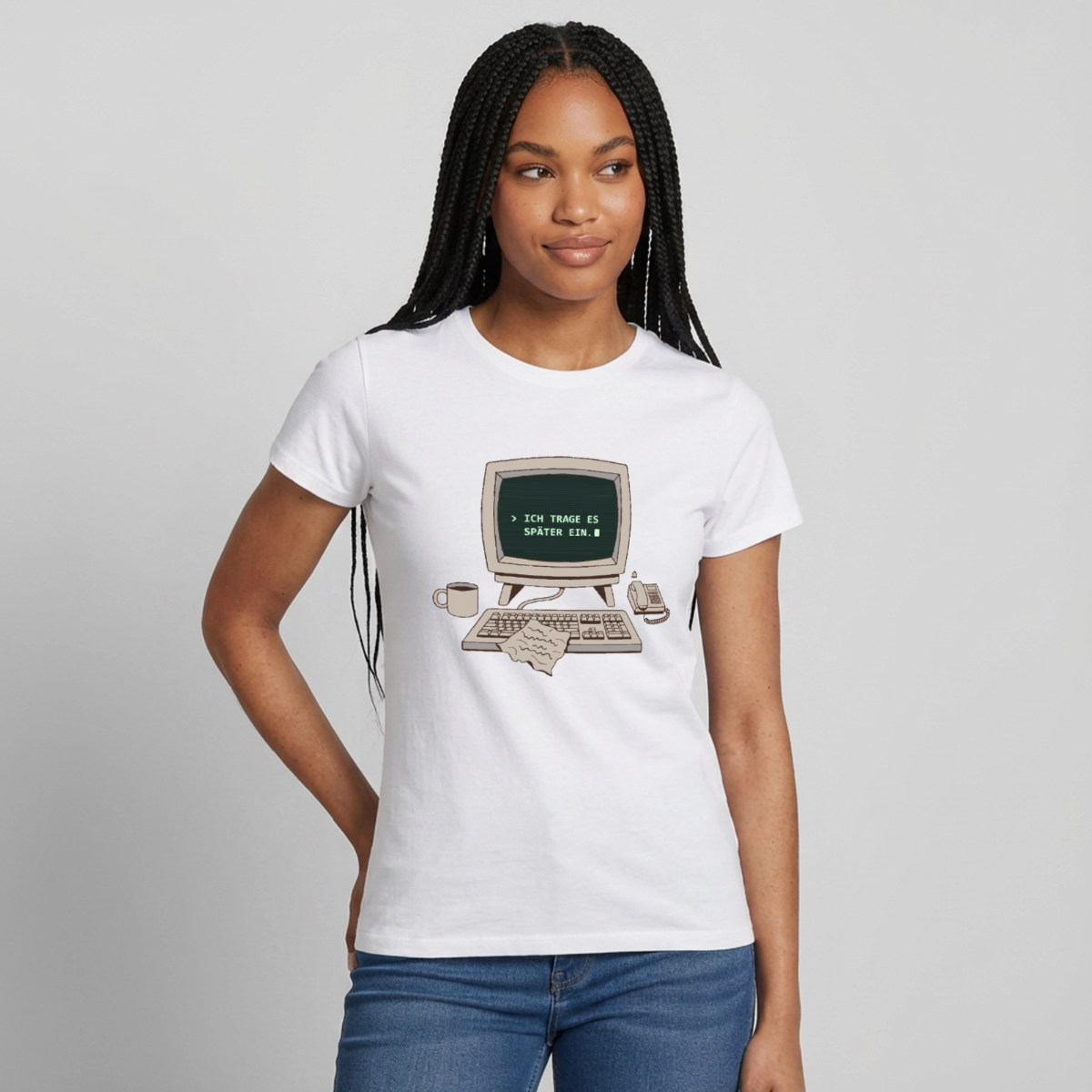 Ich trage es später ein. Motiv-T-Shirt für Frauen, Farbe Weiß, Model