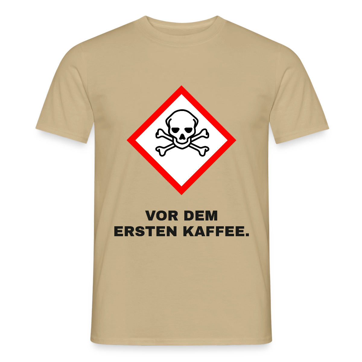 "Vor dem ersten Kaffee. Gefahrzeichen" Motiv-T-Shirt für Männer, Farbe Sandbeige