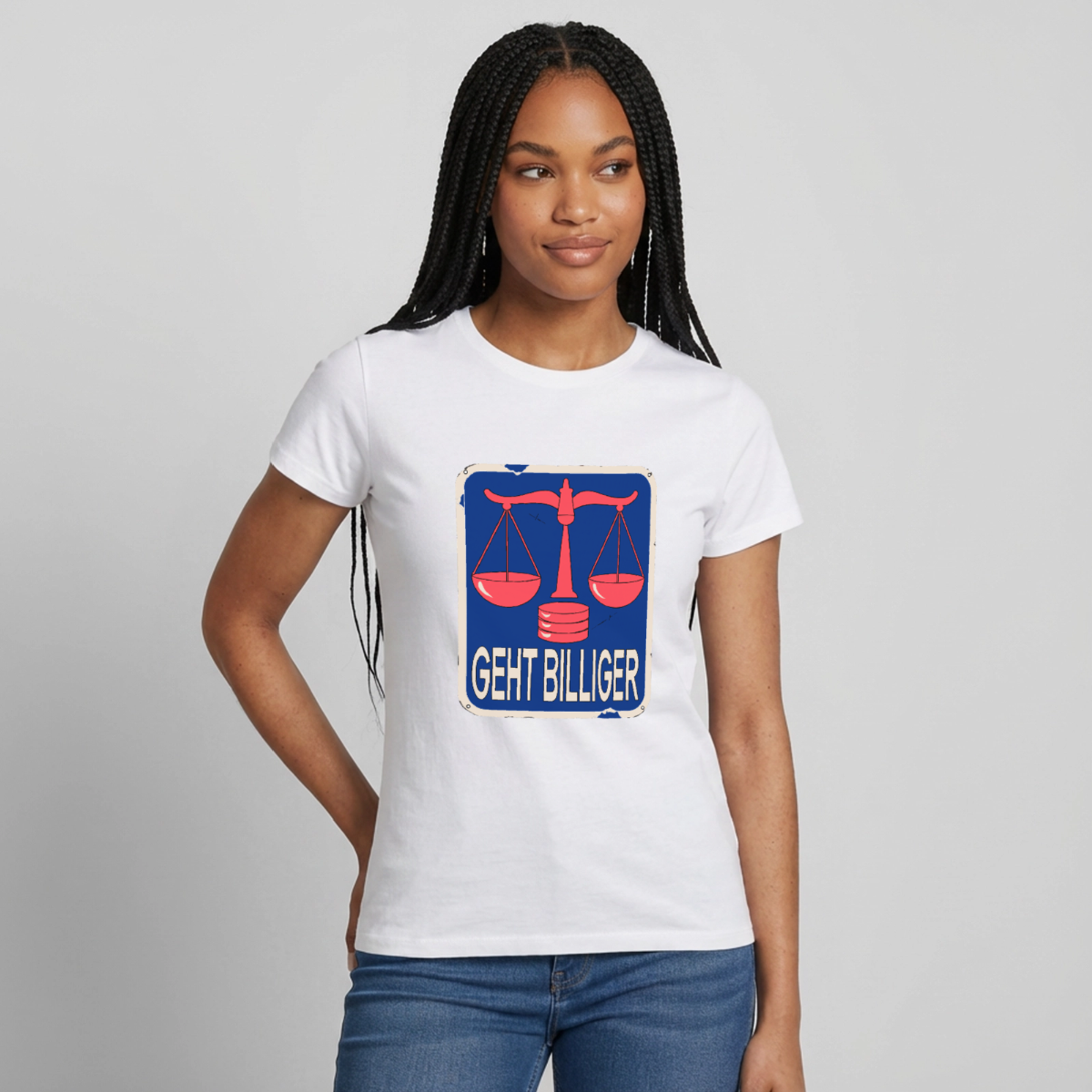 "Geht billiger. Emailschild-Motiv" Motiv-T-Shirt für Frauen, Farbe Weiß