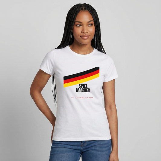 Spielmacher. Elf Freunde, ein Plan. Motiv-T-Shirt für Frauen, Farbe Weiß, Model