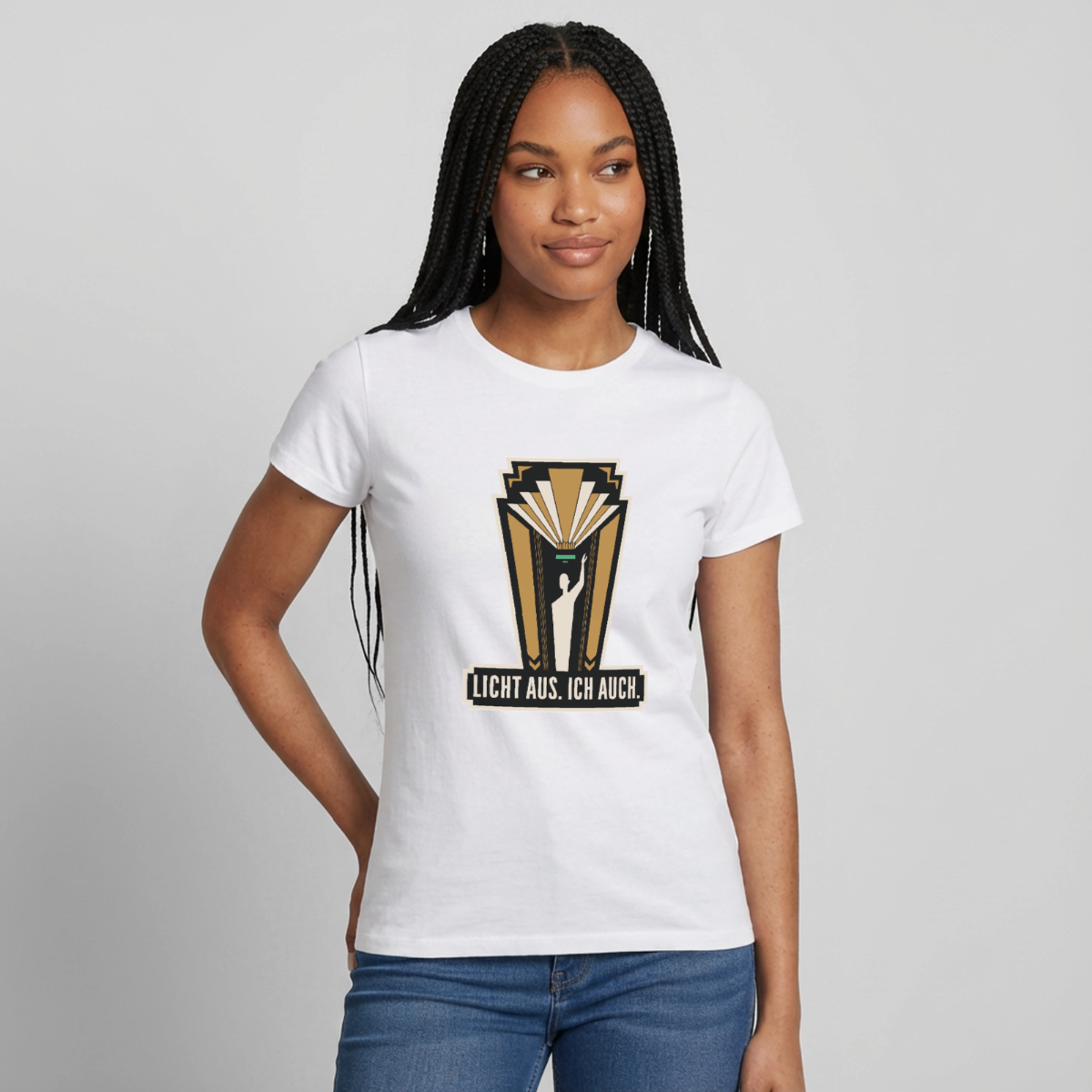 "Licht aus. Ich auch. Art-déco-Motiv" Motiv-T-Shirt für Frauen, Farbe Weiß