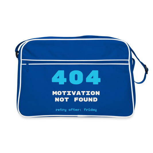 "404 Motivation not found. Retry after: friday" Motiv-Retro-Tasche, Farbe Blau/Weiß